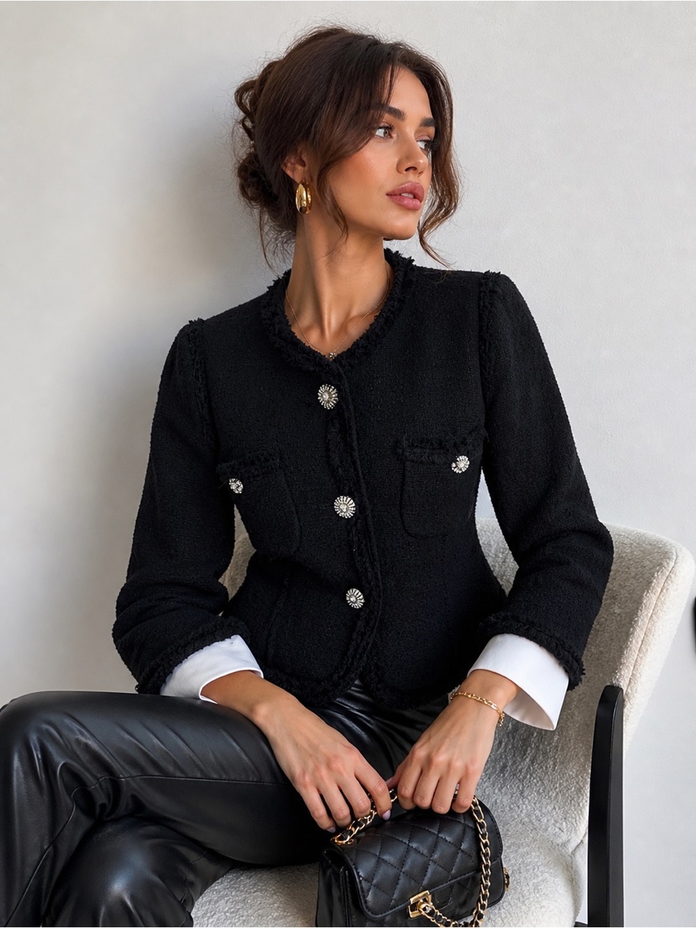 Zara Black Tweed Blazer Rhinestone Buttons White Removable Cuffs S NWOT